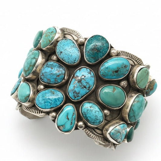 Extra - Wide 23 - Stone Cluster Cuff in Mixed Turquoise, Chris Yazzie - Turquoise Mustang