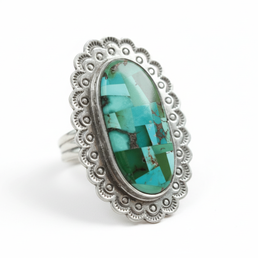 Large Ring, Carico Lake Mosaic Oval, Stamped Bezel, by Rita Dawes - Turquoise Mustang