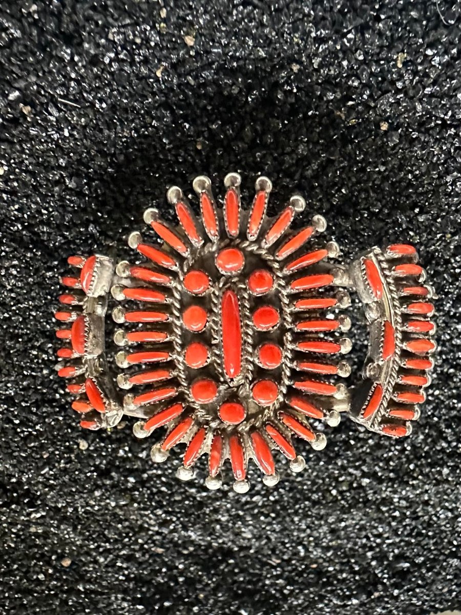 Zuni Needlepoint & Petit Point Coral Cuff, by artist Eva L. Wyaco - Turquoise Mustang