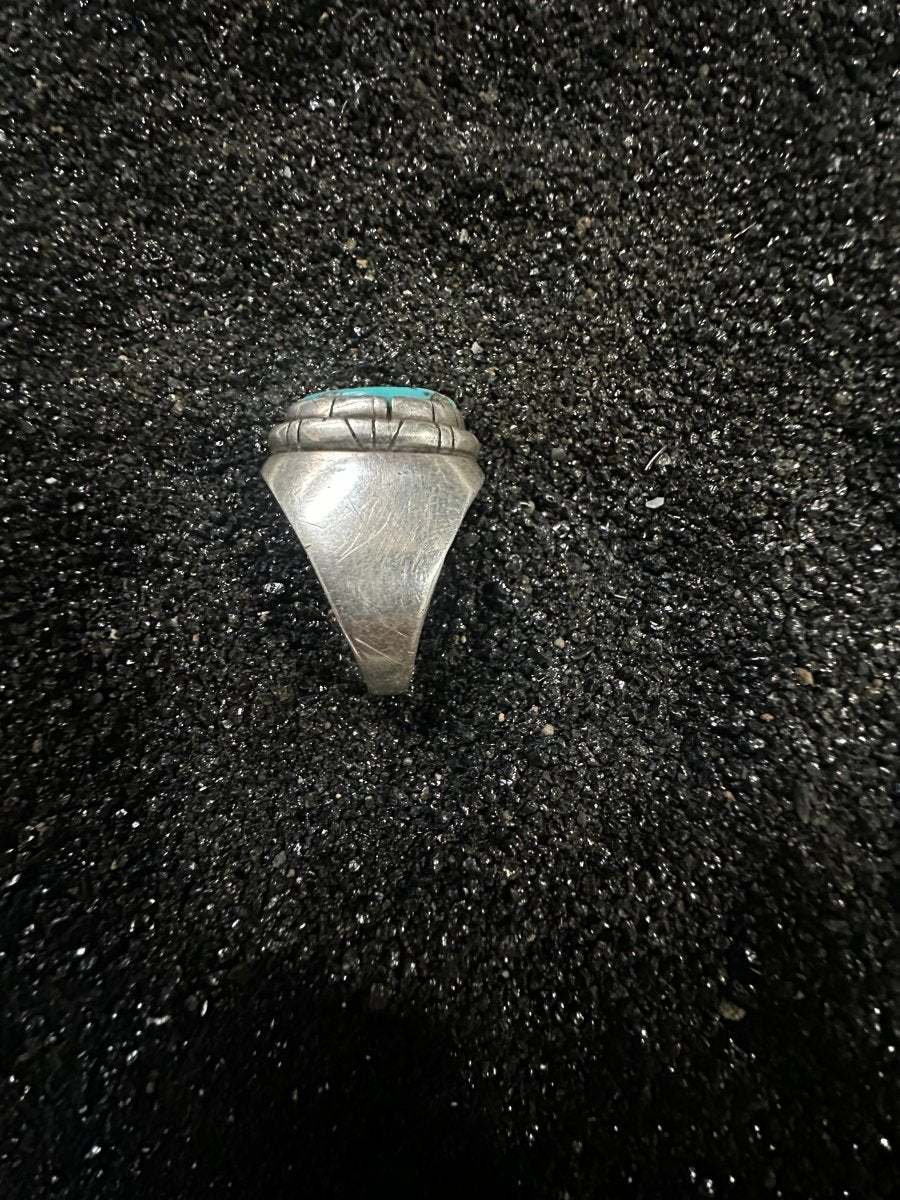 Extra Large Single Stone Turquoise Ring with Thick Filework Bezel, by Shubes - Turquoise Mustang