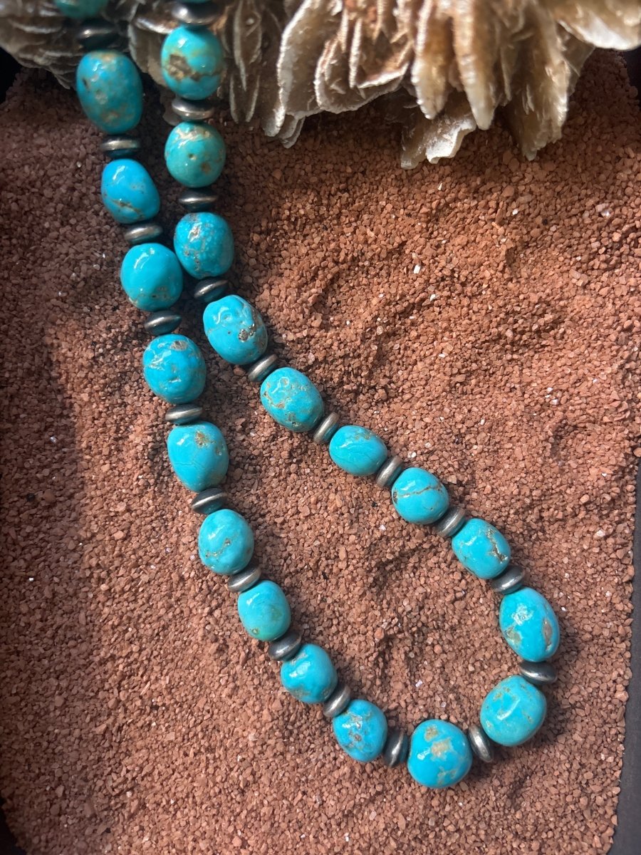 18" 12mm Natural Kingman Potato Beads and 8mm Silver Saucers Necklace - Turquoise Mustang