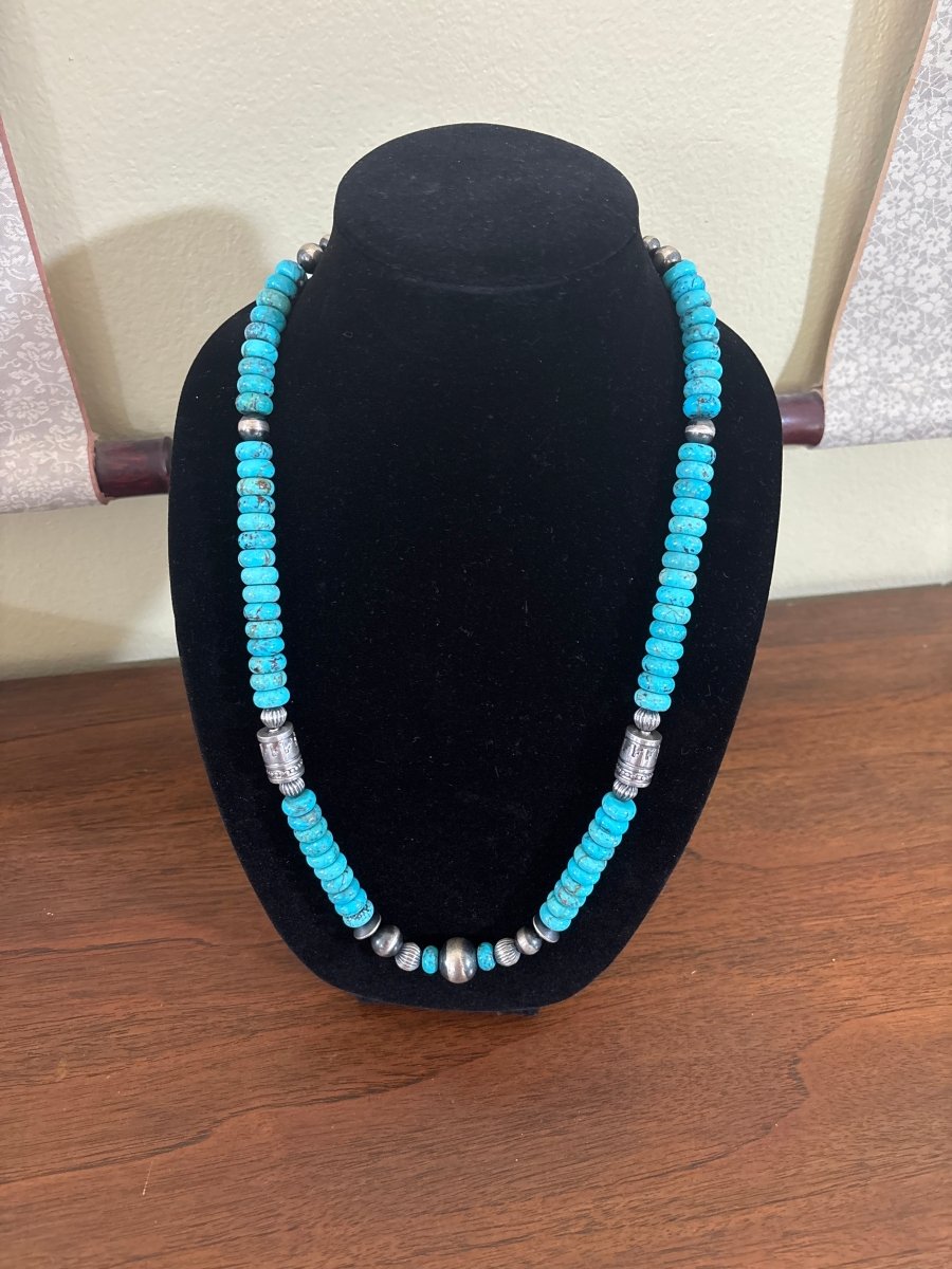 Necklace, 26” 12mm Sonoran Turquoise Rondelles w/ Benchmade Navajo Storyteller Beads and Navajo Pearls, Navajo - Turquoise Mustang