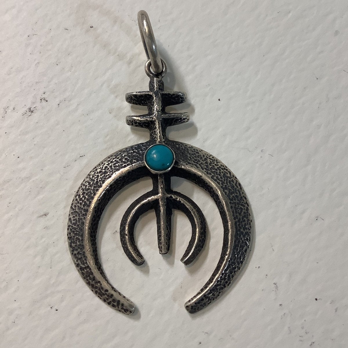 Pendant, Naja, Small Tufa cast with fur trader cross and TQ round, DD (1) - Turquoise Mustang