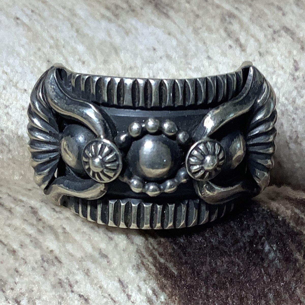 Ring, 4 Repoussee and Stamped Silver, Delbert Gordon - Turquoise Mustang