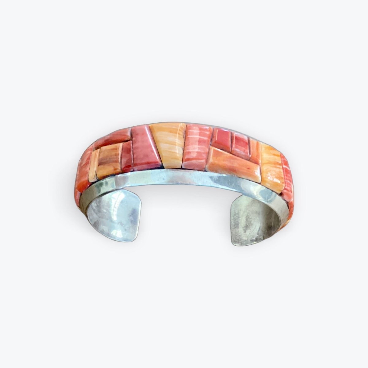 Zuni orange spiny oyster Cobblestone inlay, Rickell & Glendora Booqa - Turquoise Mustang