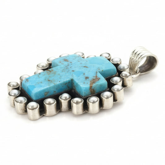 The Quaker Ladies Cross Premium Blue Kingman Turquoise and Pearl Pendant - Turquoise Mustang