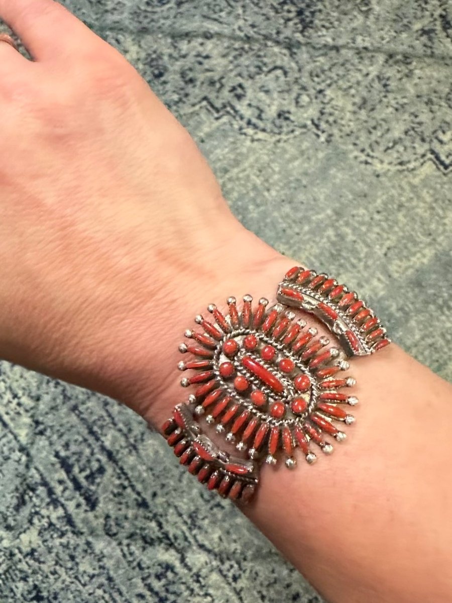 Zuni Needlepoint & Petit Point Coral Cuff, by artist Eva L. Wyaco - Turquoise Mustang