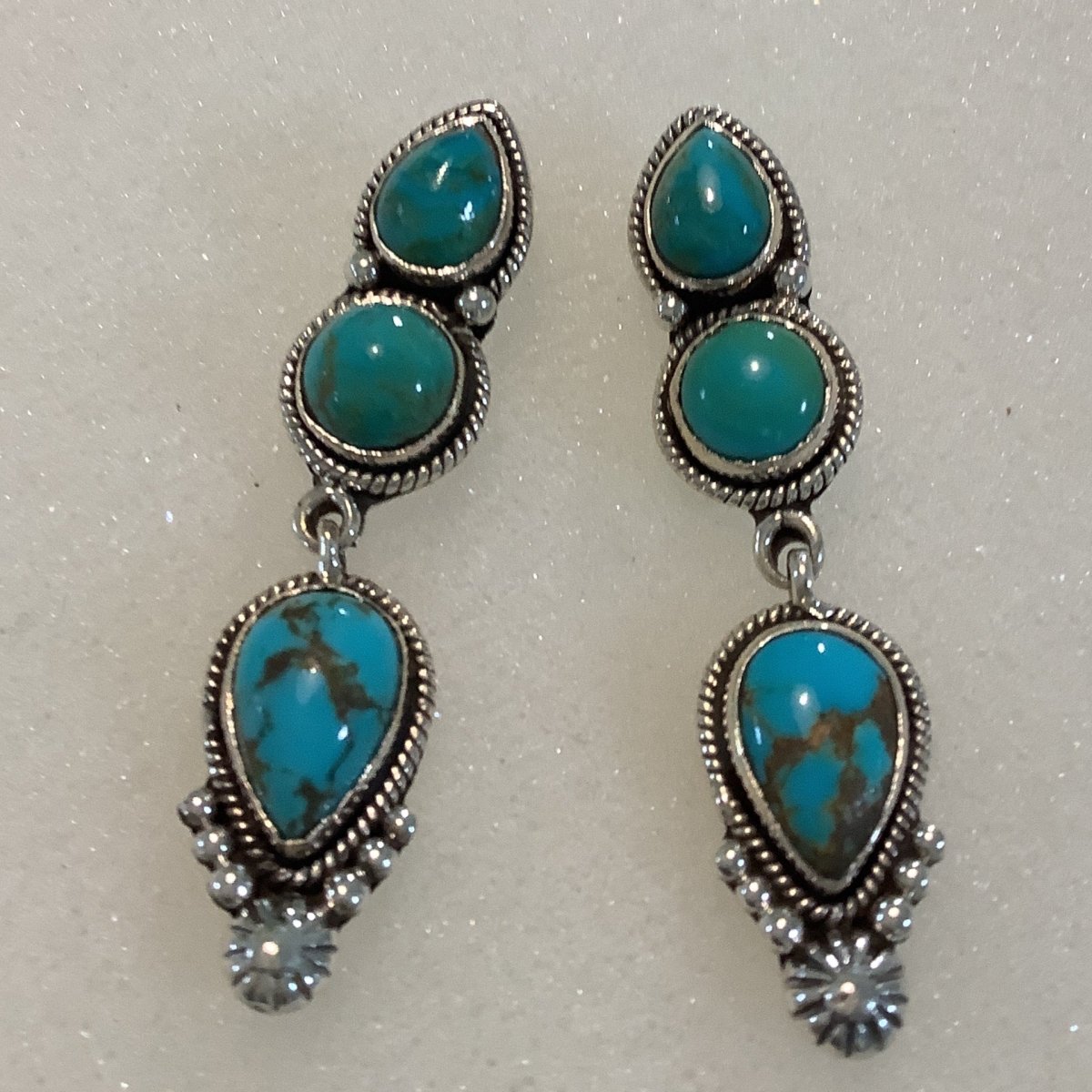 Earrings,Turquoise, TEardrop studs with teardrop drops, DD (1) - Turquoise Mustang