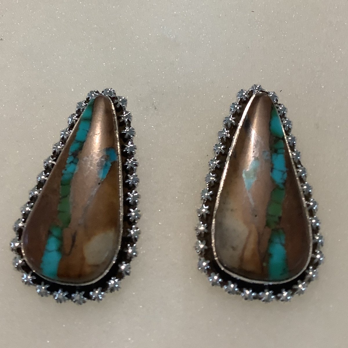 Earrings, Royston Ribbon Turquoise Cab, large teardrop, star bez, stud, DD (1) (1) (1) - Turquoise Mustang