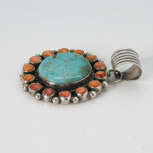 Round Royston Turquoise & Spiny Oyster Cluster Pendant in Sterling Silver, L. Yazzie - Turquoise Mustang