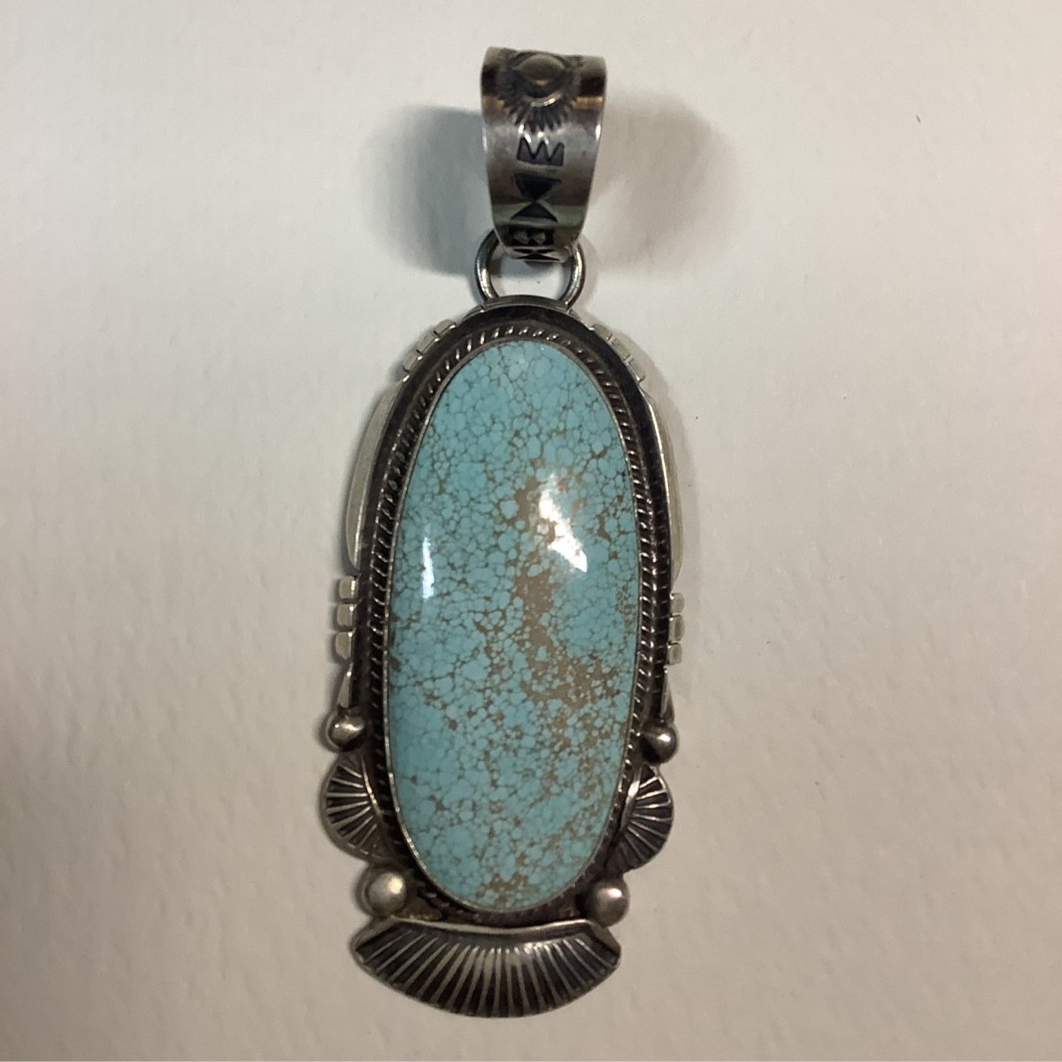 Narrow Oval Number 8 Turquoise Pendant | Stamped Sterling Silver, “T” Hallmark - Turquoise Mustang