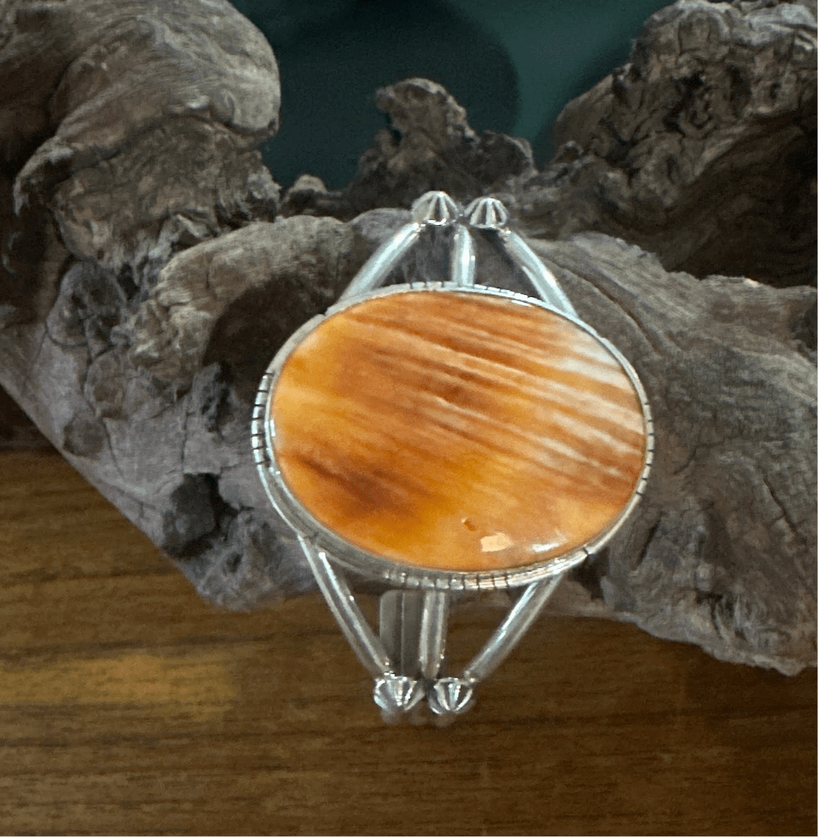 Dainty Sterling Silver Cuff with Large Oval Orange Spiny Oyster Centerpiece by Sam Etsitty - Turquoise Mustang