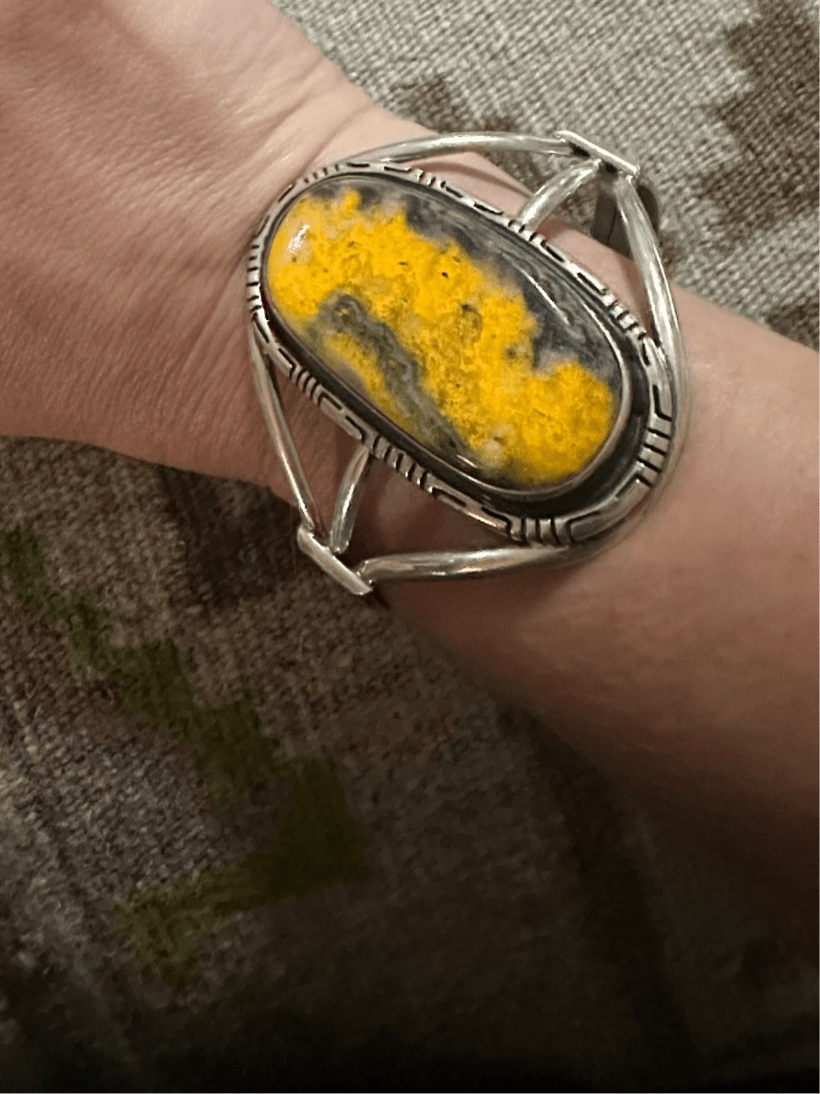 Elegant Sterling Silver Cuff with Large Oval Bumblebee Jasper Stone, Hallmarked - Turquoise Mustang