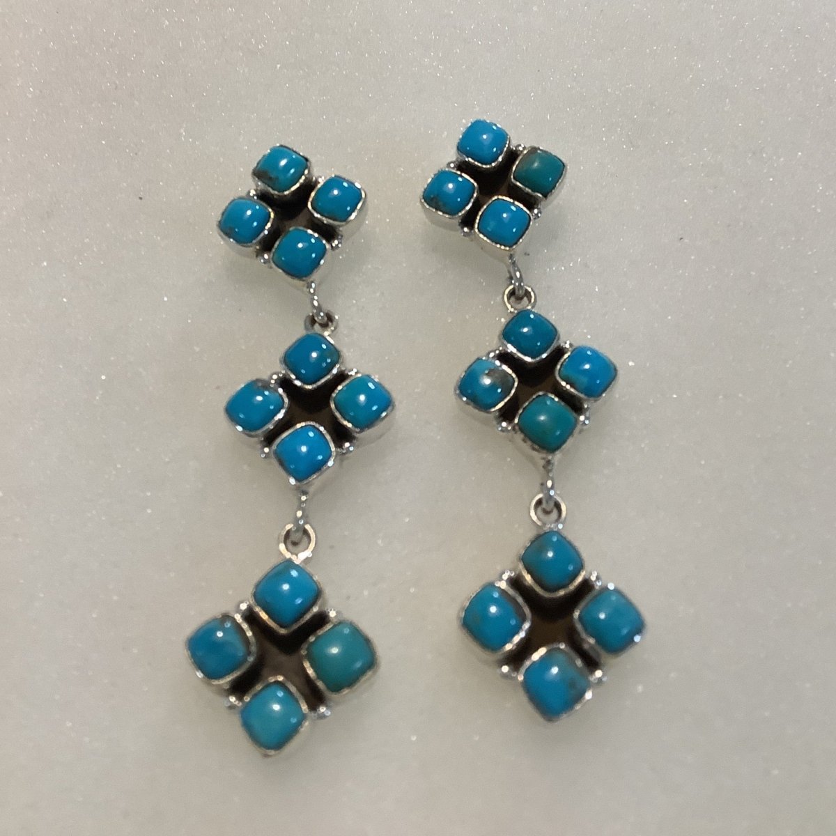 Earrings, Turquoise, 3 - squares, 12 Square stones dangles, DD - Turquoise Mustang