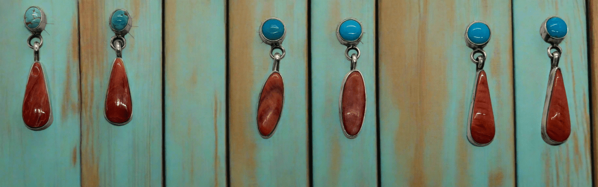 Clovis Red Spiny Oyster & Turquoise Earrings by Danny Henio - Turquoise Mustang