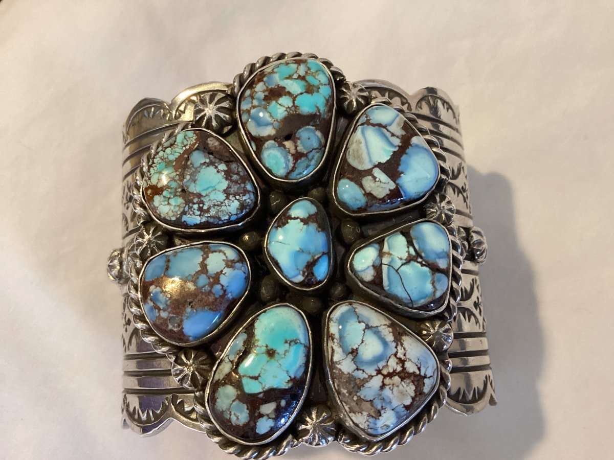 Bracelet, extra wide cuff, Golden Hills, Turquoise, 8 stone cluster, Chris Yazzie (1) - Turquoise Mustang