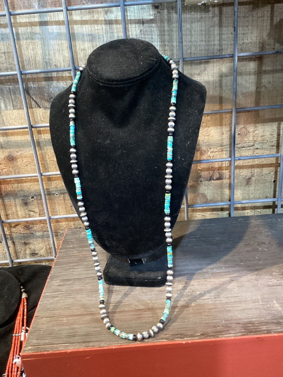 32” Turquoise Heishi Necklace with 5mm Black Onyx Rounds and 8mm Corrugated Silver Rounds and 10mm Silver Saucers - Turquoise Mustang