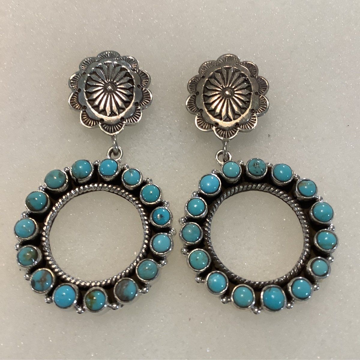 Earrings, Turquoise, Concho Stud with Circle Cluster drop, DD - Turquoise Mustang