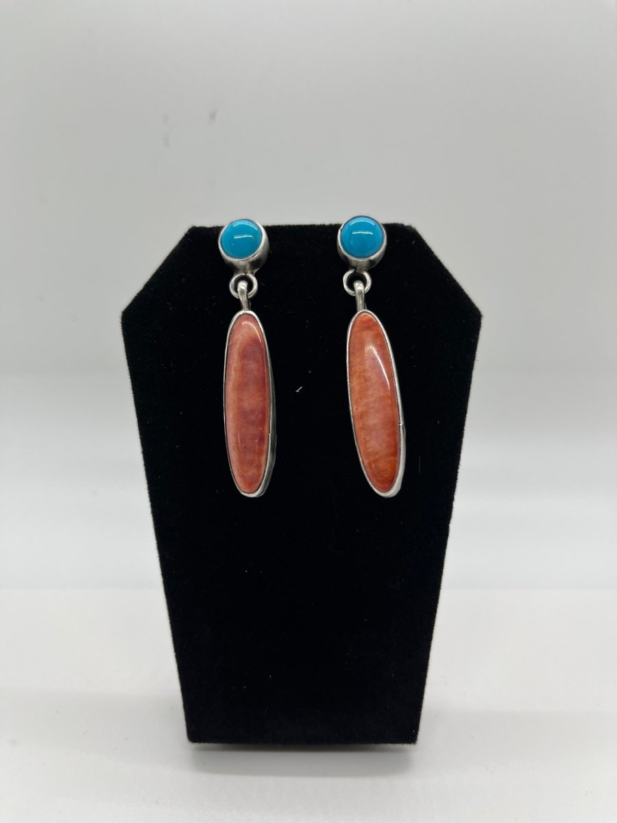 Santa Fe Spiny Oyster & Turquoise Earrings by Danny Henio - Turquoise Mustang