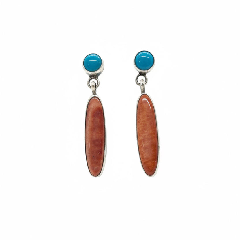 Santa Fe Spiny Oyster & Turquoise Earrings by Danny Henio - Turquoise Mustang