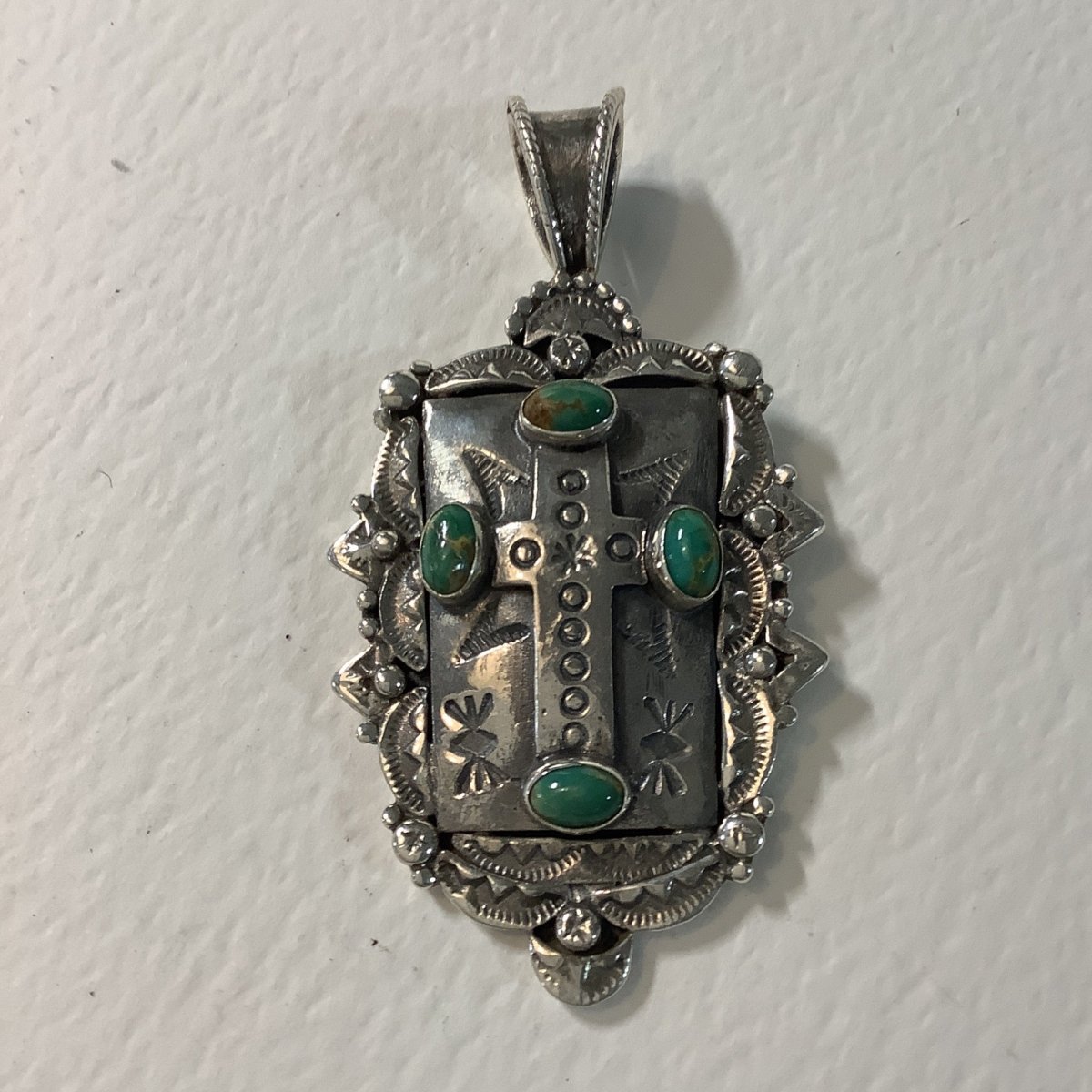 Pendant, Cross, Silver Shield with Fancy Stamped Bezel, 4 Turquoise ovals, DD - Turquoise Mustang