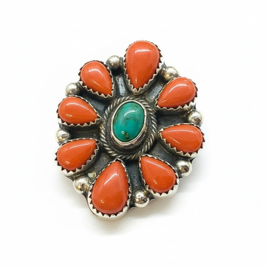 Spiny Oyster & Sonoran Gold Cluster Ring Adjustable by Sheila Tsosie - Turquoise Mustang