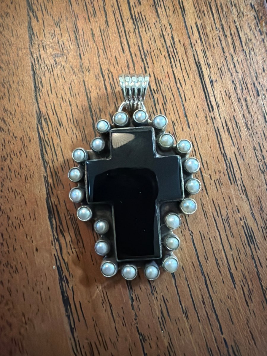 The Quaker Ladies Cross Black Onyx and Pearl Pendant - Turquoise Mustang