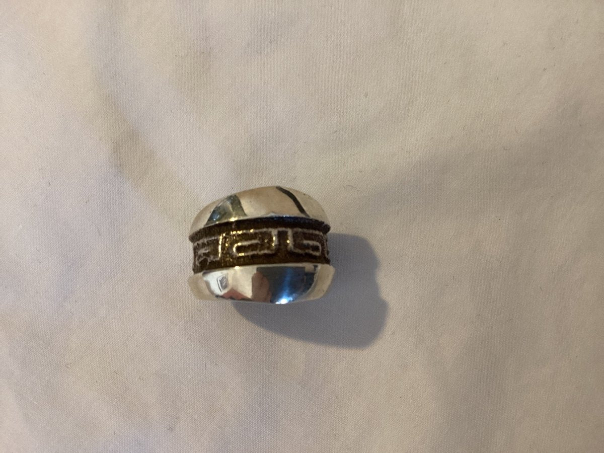 Ring, Tuffa Cast, Greek key pattern, Lawrence Baca - Turquoise Mustang