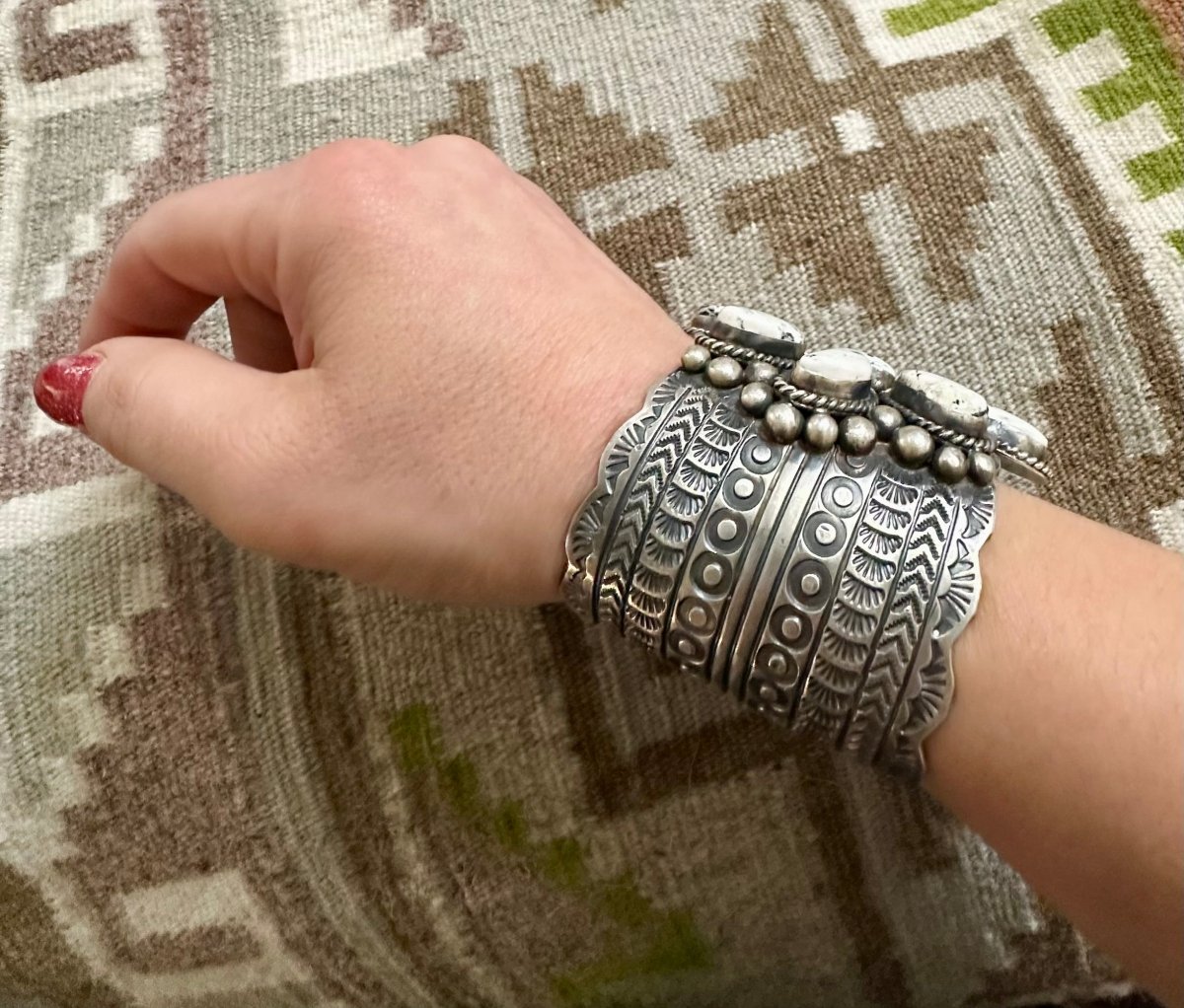Huge White Buffalo Cluster Cuff by Navajo Artist Jimmie Yazzie - Turquoise Mustang
