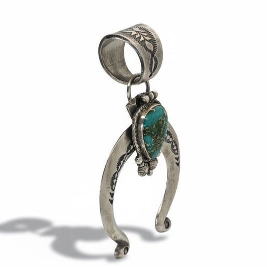 Sterling Silver and Turquoise Teardrop Naja Pendant, Sylvia Yazzie - Turquoise Mustang