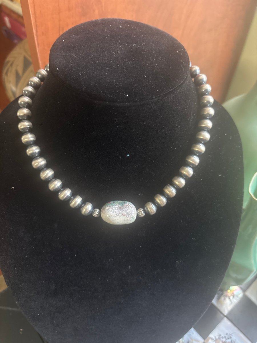 16" d 10mm Silver Pearl Necklace with Ruby in Fucisite Nugget - Turquoise Mustang