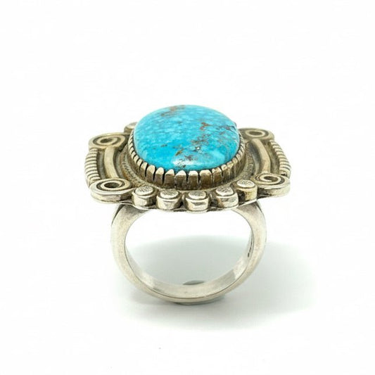 Ring, Large Oval Birdseye Kingman,Size 8.5 Calvin Martinez - Turquoise Mustang