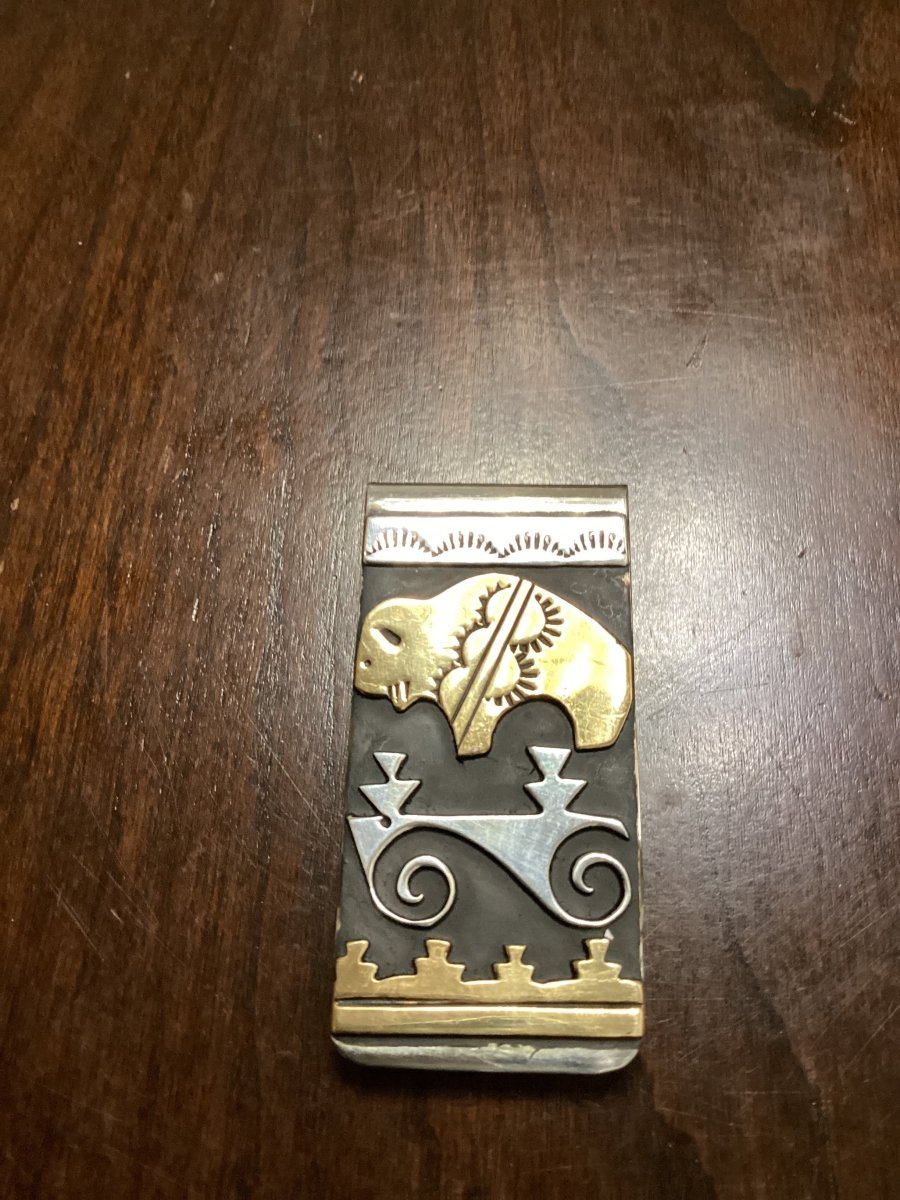 Money Clip, Navajo, overlay buffalo on black field abstract, Tommy Singer - Turquoise Mustang