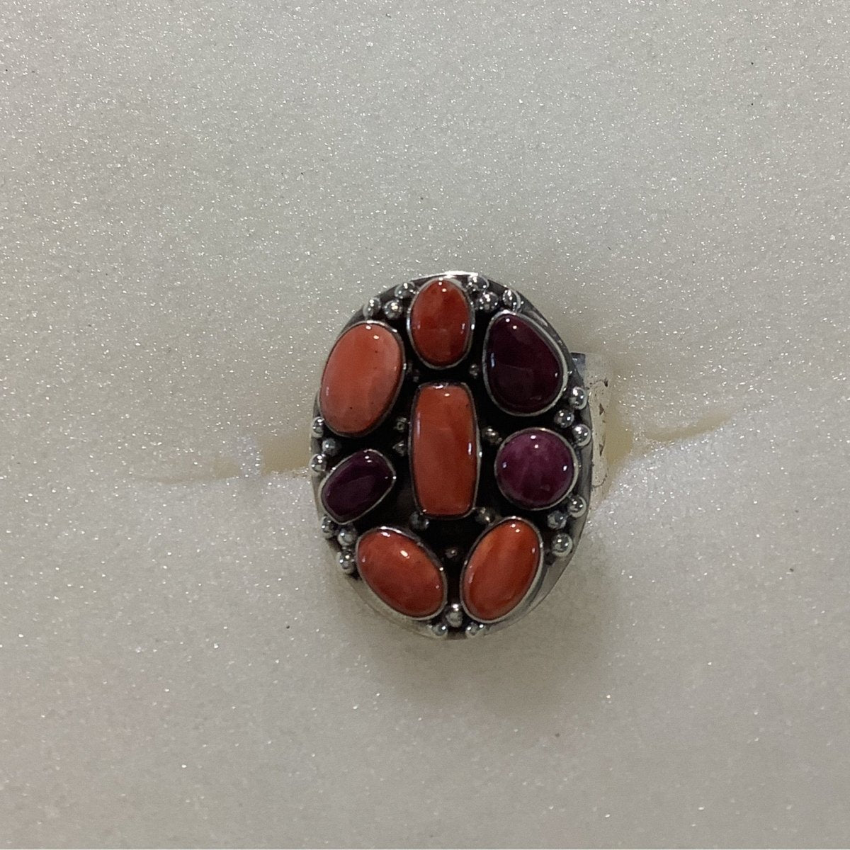 Ring, Purple & Orange Spiney Oyster, 8 stone cluster with pillow center,DD - Turquoise Mustang