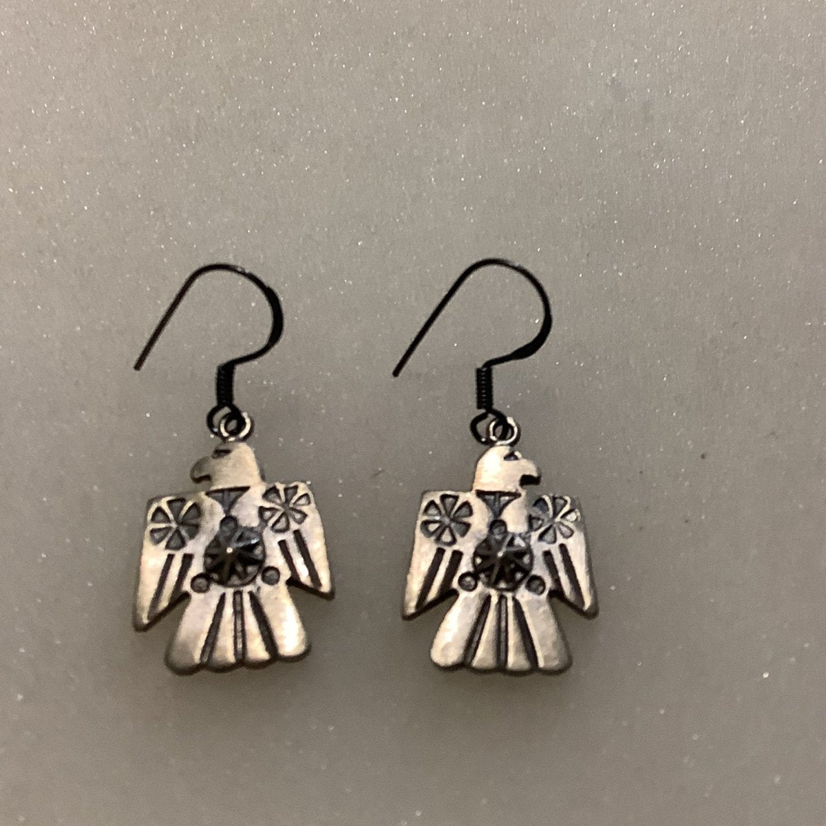 Earrings, Small Thunderbirds with Sunburst & Snowflakes, hooks, DD - Turquoise Mustang