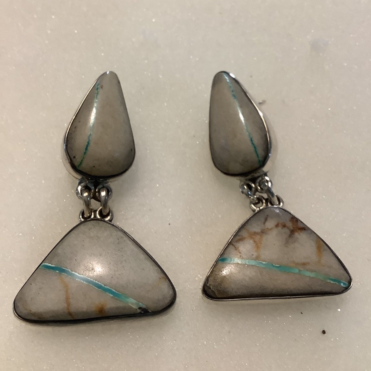 Earrings, Royston Ribbon Turquoise Cab, Pear studs w Freeform Drops, plain bez, stud, DD (1) (1) - Turquoise Mustang