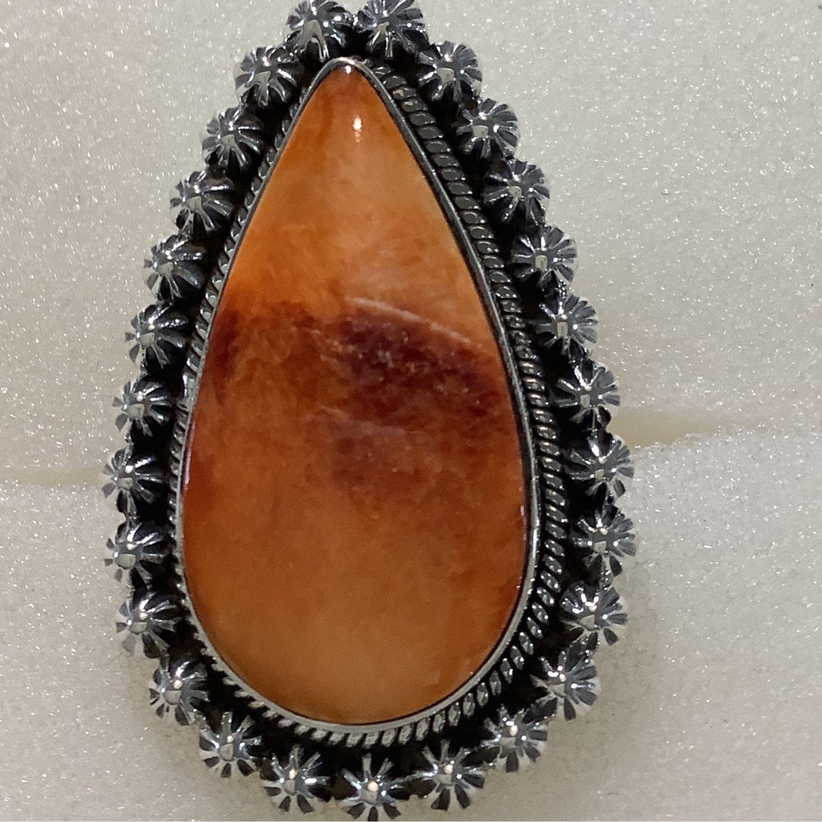 Ring, Orange Spiney Oyster, Teardrop Cluster with Starburst and rope bezelDD (1) (1) - Turquoise Mustang