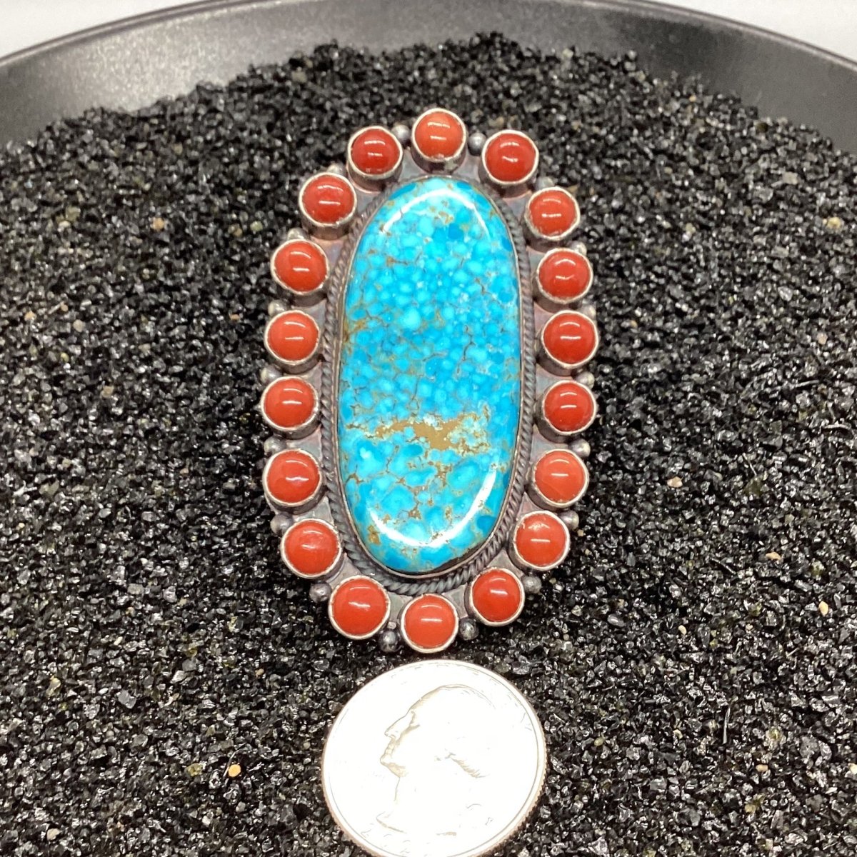 Ring, 19 Stone Cluster Number Eight surrounded by Mediteranean Coral, Peterson Johnson (1) - Turquoise Mustang
