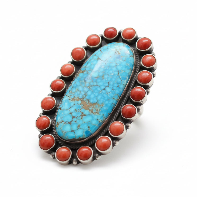 Ring, 19 Stone Cluster Number Eight surrounded by Mediteranean Coral, Peterson Johnson (1) - Turquoise Mustang