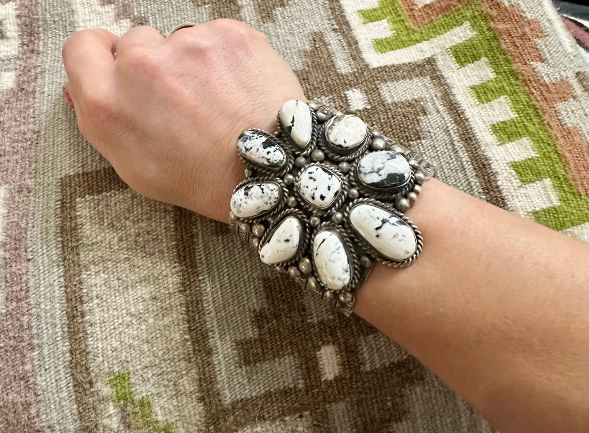 Huge White Buffalo Cluster Cuff by Navajo Artist Jimmie Yazzie - Turquoise Mustang