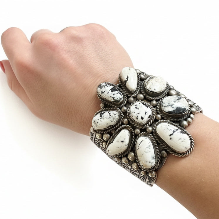 Huge White Buffalo Cluster Cuff by Navajo Artist Jimmie Yazzie - Turquoise Mustang