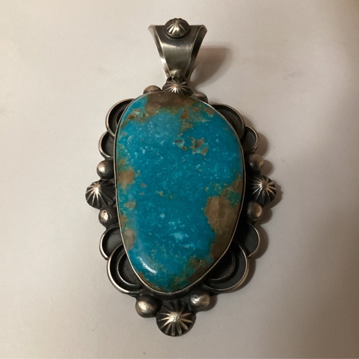 Pendant, extra large freeform Kingman Waterweb, peyote buttons and circles, Chimney Butte - Turquoise Mustang