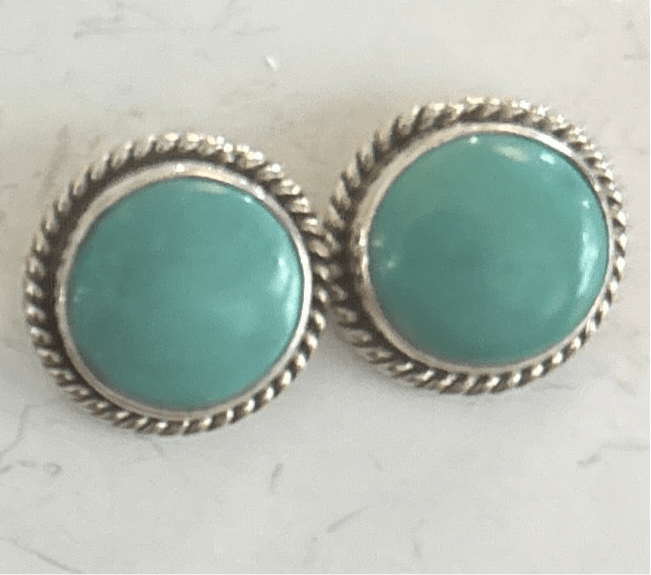 Stud Earring, triangular,heart, round, oval in turquoise, onyx, sugilite, and Larimar, with rope & plain bezels - Turquoise Mustang