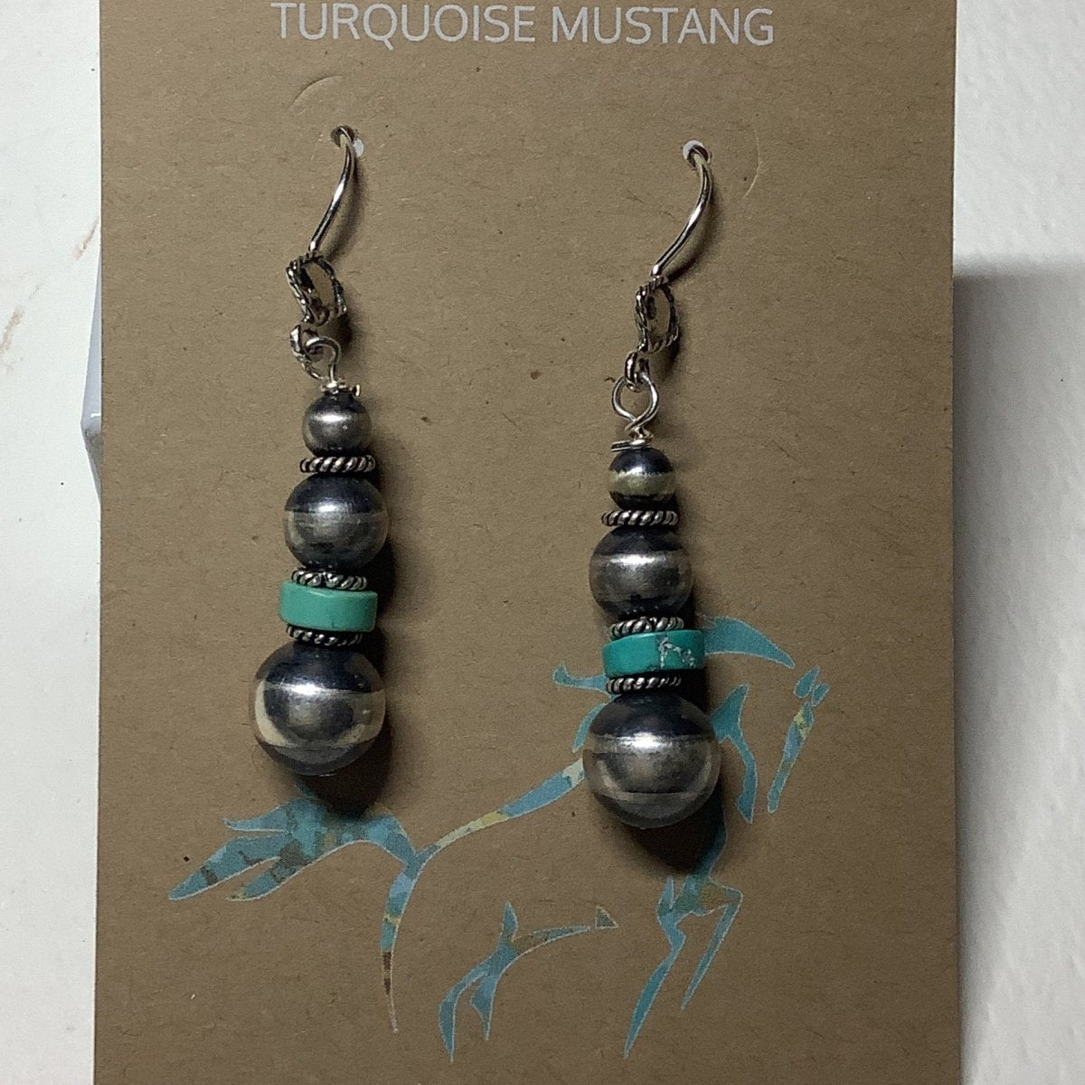 Earrings, 3 N - Pearls and 1 Heishi Drop, Turquoise Mustang - Turquoise Mustang
