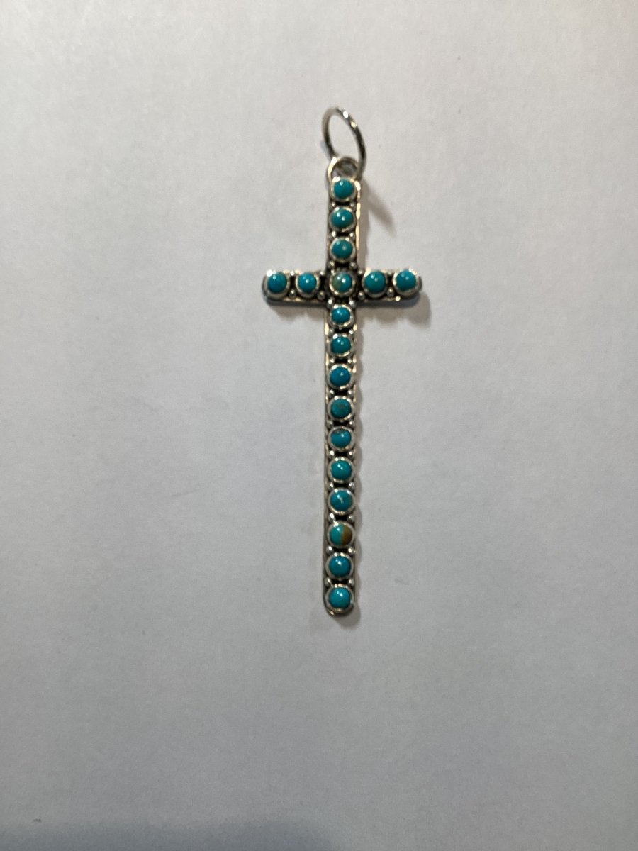 Pendant, Cross, Narrow with 18 Turquoise, DD - Turquoise Mustang