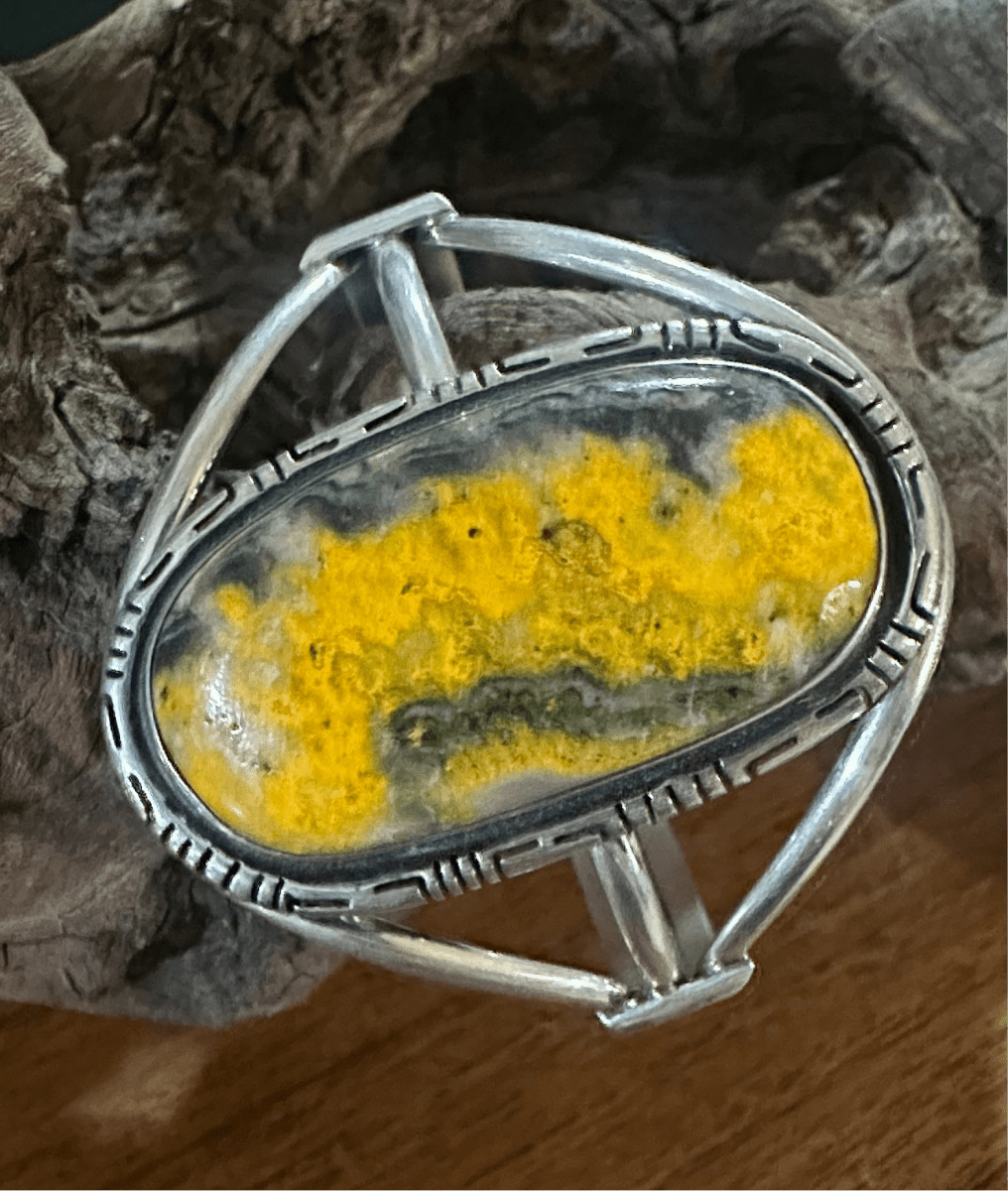 Elegant Sterling Silver Cuff with Large Oval Bumblebee Jasper Stone, Hallmarked - Turquoise Mustang