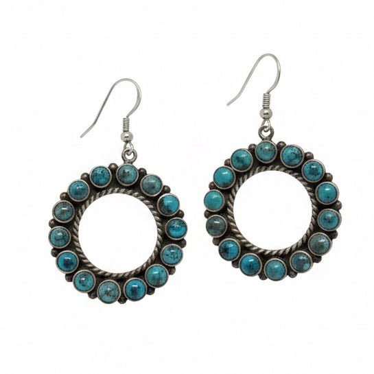 Ceremonial Kingman Turquoise Hoop Earrings | Native American Sterling Silver Dangles - Turquoise Mustang