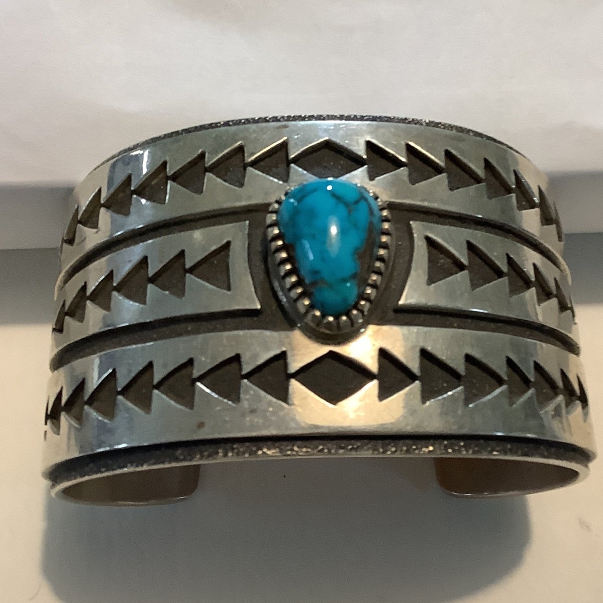 Triangle Motif Cuff with Teardrop Natural Kingman Turquoise by H.T. Jim - Turquoise Mustang