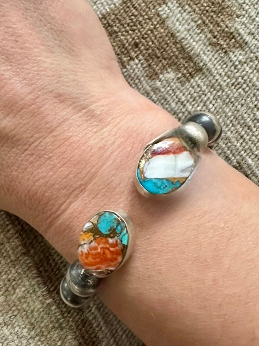 Memory Wire Cuff with Multi - Stone End Caps, by HaDa - Turquoise Mustang
