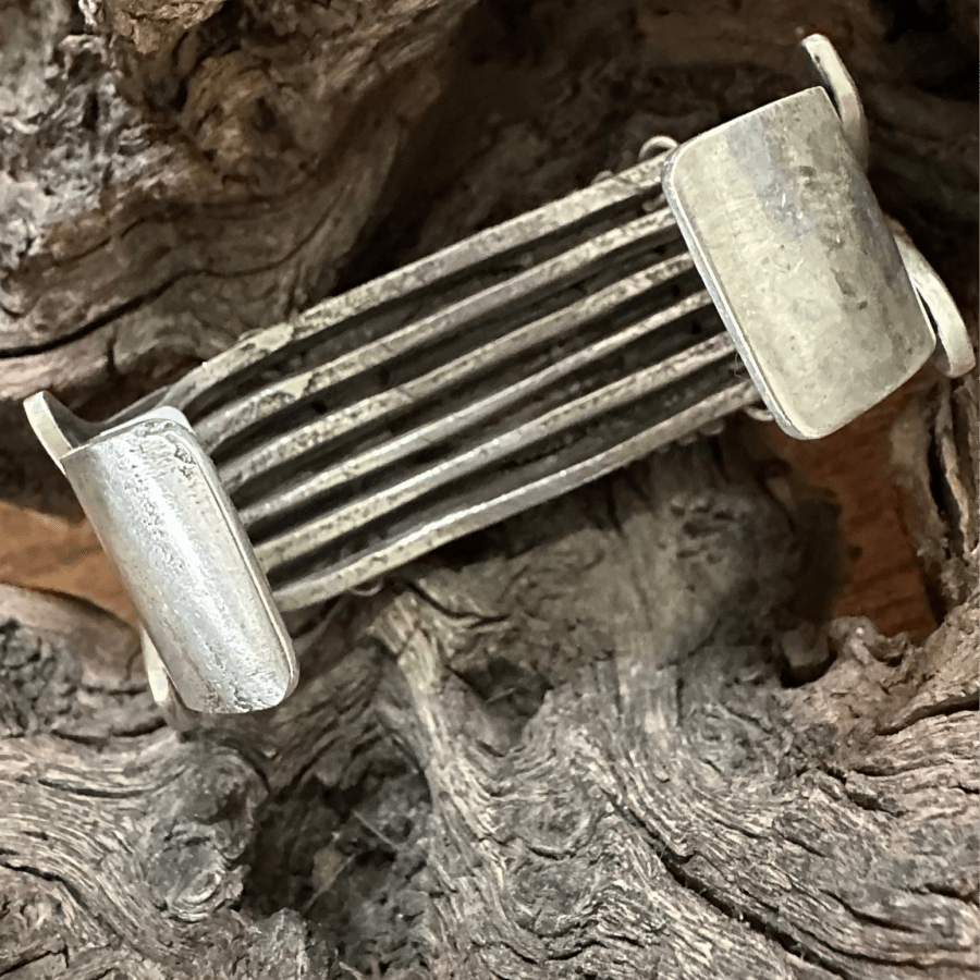 Heavy Stamped Sterling Silver Tufa Cast Cuff with Large Freeform Broken Arrow Cabachon, by Navajo Silversmith Kris Willie - Turquoise Mustang